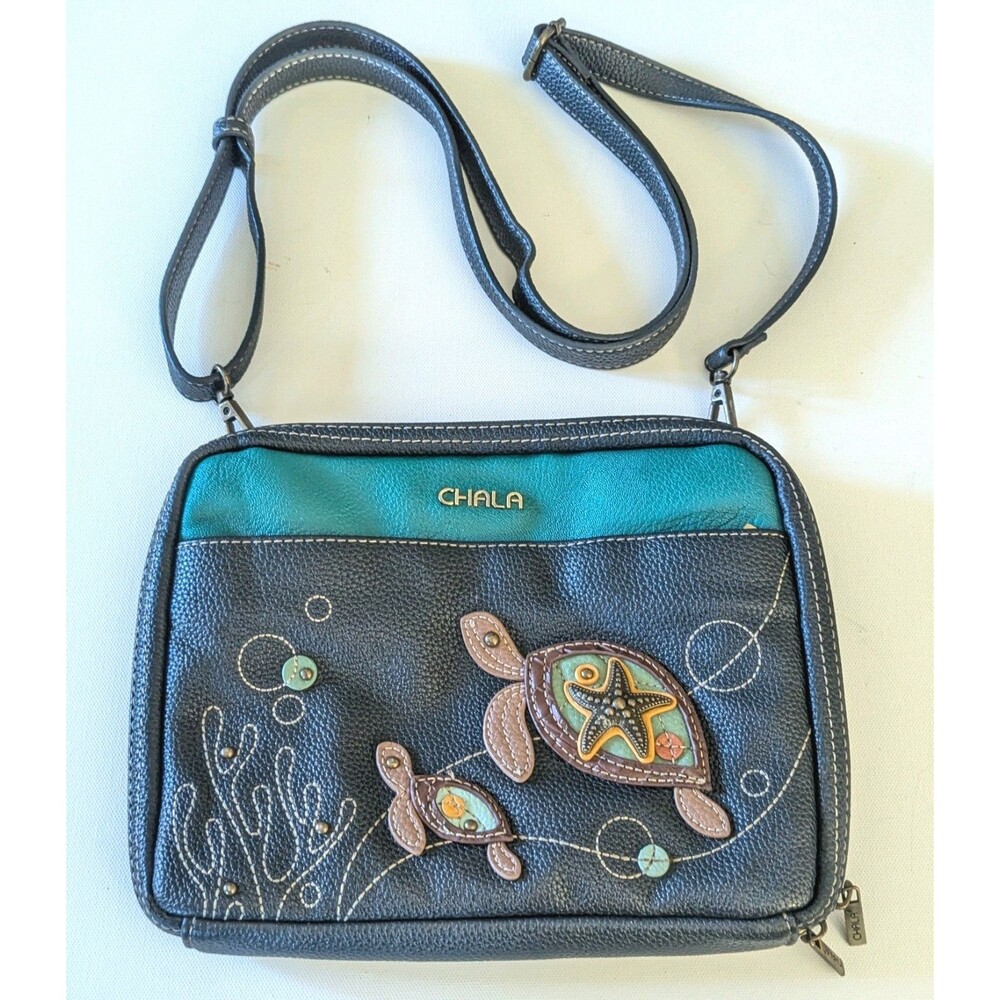 Chala Sea Turtle Convertible Clutch Purse Crossbody Bag Navy Blue & Turquoise